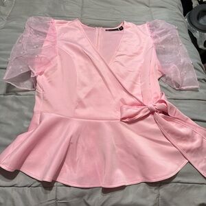 New York & Company Pink Wrap Blouse with Sheer Sleeves